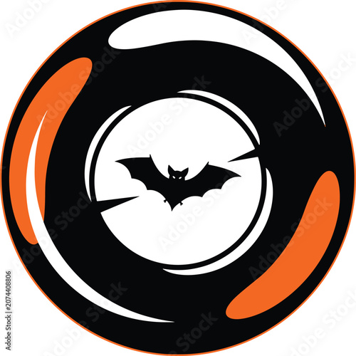 Bat silhouette in a black circle with orange accents on a transparent background