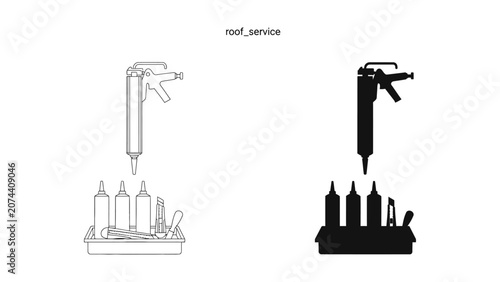 Roof service vector illustration with worker and tools on ladder