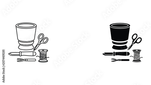 Vector illustration of hat sewing tools and thread spools on white background