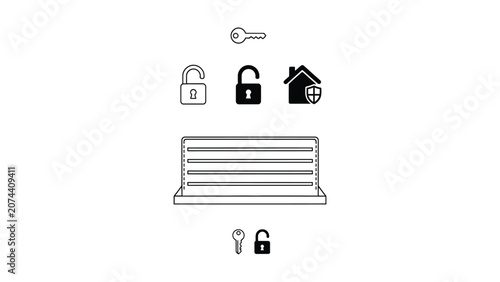 Vector illustration of cloud with security icons and laptop for data protection