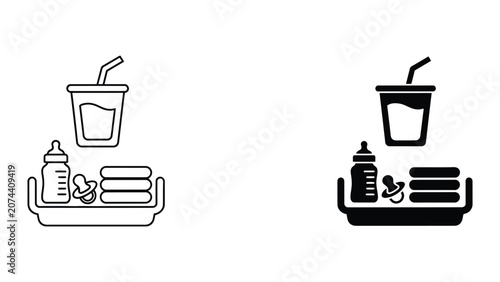 Vector illustration of coffee cup with bottle and pills on tray for morning routine