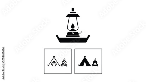 Vector camping icons with lantern and tents on minimalist background