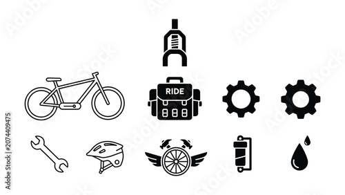 Vector illustration of travel and transportation icons set with bicycle gear suitcase and wrench