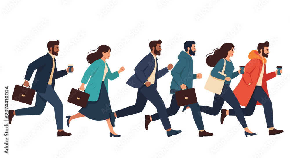 Obraz premium Group of professional men and women in business attire running together in a line with coffee and bags for a team or busy city theme.
