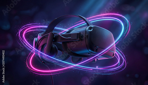 Virtual reality headset futuristic 3D render for gaming technology with neon light trails
