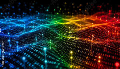 Digital data network futuristic background with rainbow binary wave and glowing nodes for AI technology