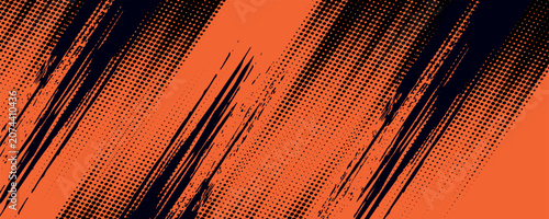 Orange and black grunge urban background with dry rough texture and halftones pattern. Hand drawn punk vector retro banner