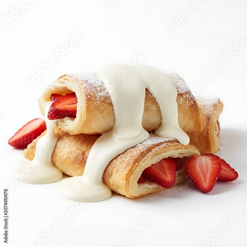 Fresh puff pastries filled with berries and served with strawberries, raspberries, blueberries and currants. Homemade sweet bakery products isolated on a light background.