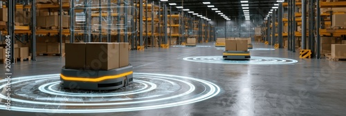 Autonomous mobile robots move in a warehouse with technology for navigation and monitoring. Boxes are placed on platforms in a clean layout.