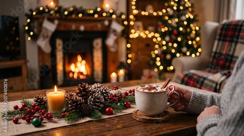 Cozy Christmas scene, festive holiday table, hot chocolate, fireplace ambiance