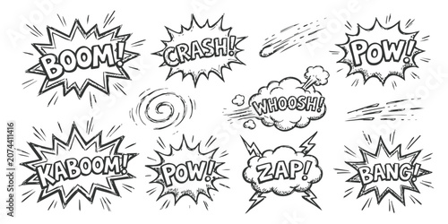 Obraz na płótnie Set of hand drawn comic book sound effect speech bubbles with explosive words li