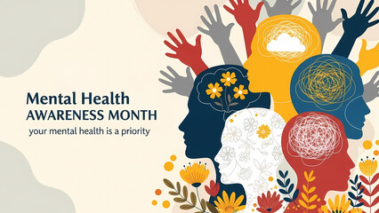 Mental Health Awareness Month Banner with Diverse Silhouettes and Brain Illustrations