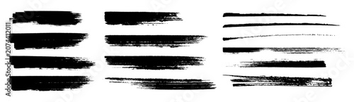 Set of grunge paint brushstroke lines. Isolated vector brush set, artistic brushstroke texture, distressed vector line shape, rough ink smear and calligraphy stripe for contemporary design layout