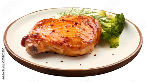 Roasted pork chop served on round white plate with fresh green broccoli florets isolated cut out image.