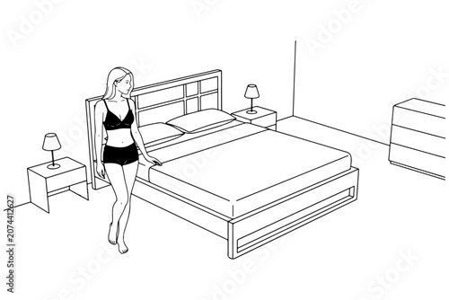 Woman in Lingerie Standing Beside 2D CAD Vector Bed Bedroom Wire Mesh Line Art Illustration