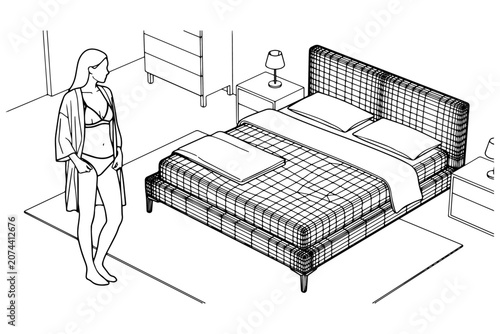 Woman in Lingerie Beside CAD Vector Bed Bedroom Wire Mesh Line Art Interior Design