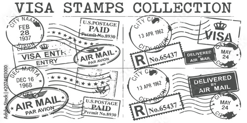 Fotografía Collection of vintage passport visa stamps and international air mail postmarks