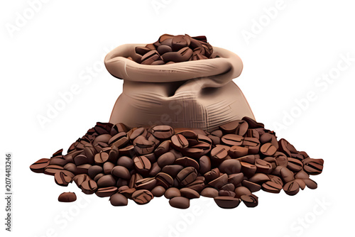 Sack of roasted coffee beans spilling onto pile isolated transparent background.