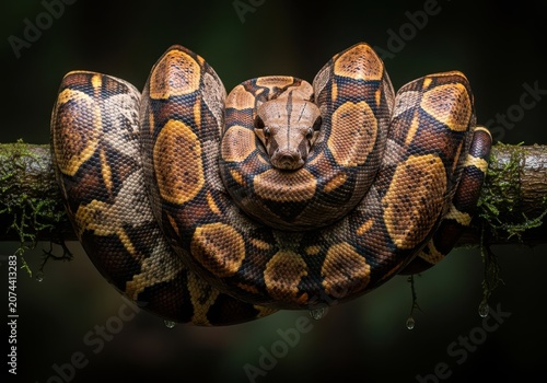A powerful tropical boa constrictor coiled tightly around a wet jungle branch, displaying its intricate scale patterns and immense size, dangerous, animal, serpentine