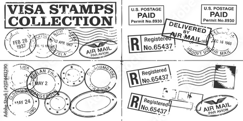 Konstfotografi Set of vintage postal visa stamps and air mail cancellation markings for travel