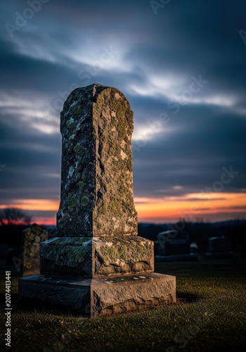 An isolated weathered granite monument stands silently in an old historic burial ground beneath a cloudy sky at dusk, finality, marker, monument