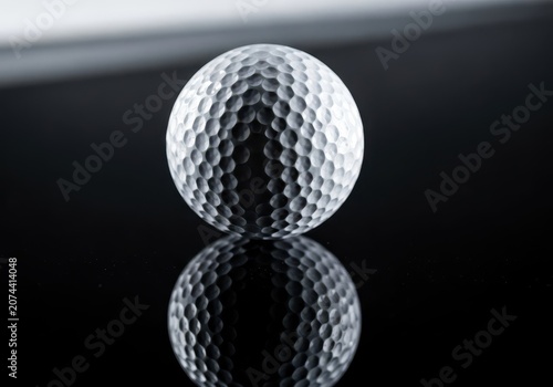 Isolated golf ball resting on a sleek black reflective surface. Dramatic high contrast lighting emphasizes the luxury and precision of the sport, modern, silhouette, club