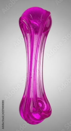 Isolated view of elastic, bright magenta toy slime stretched into a translucent glossy blob for sensory play or science, purple, intense, science