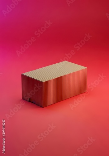 Simple rectangular brown corrugated container resting centrally on a bright crimson surface, representing shipping, moving, and transport, packaging, empty, mailing