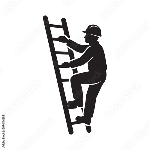 Silhouette illustration of a construction worker climbing a tall ladder for maintenance tasks.