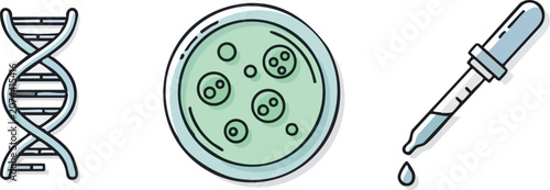 Minimalist Thin Line Icons of DNA Double Helix Petri Dish and Pipette for Biotechnology Research on White Background