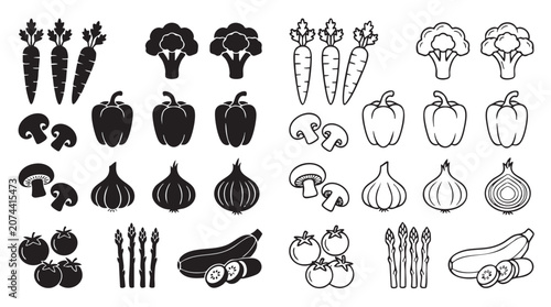 Foto carrot set icons in black and white, vegetable collection