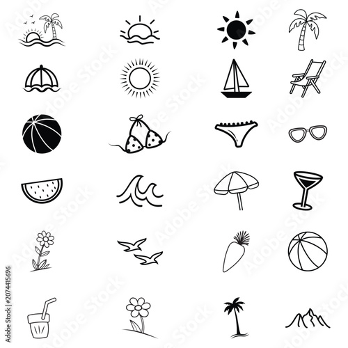 Seamless summer vintage icon pattern vector set on white background,