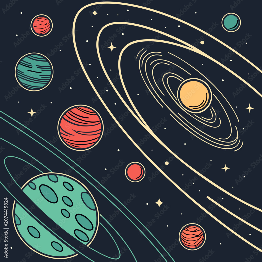 Fototapeta premium Illustration of planets and stars in outer space with solar system, planetary system