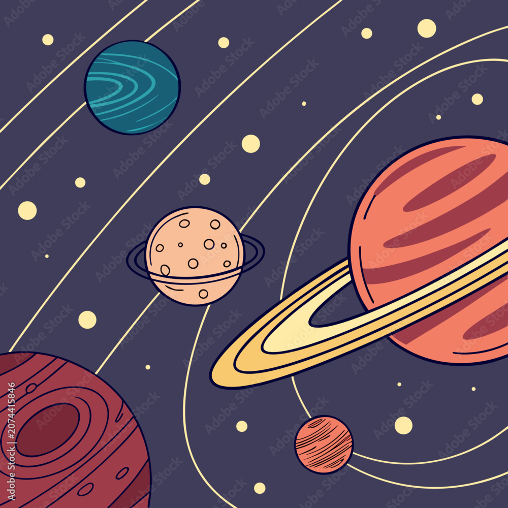 Fototapeta premium Colorful illustration of planets in space with rings and moons solar system planetary