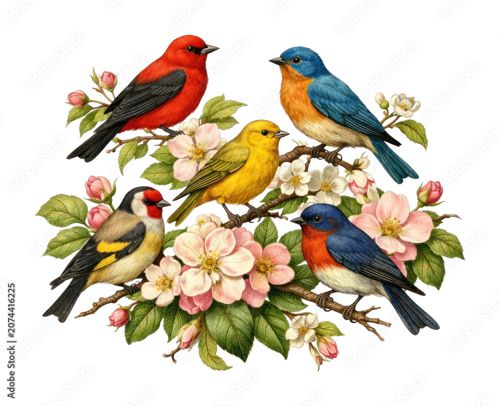 Fototapeta premium PNG Colorful birds on floral branches.