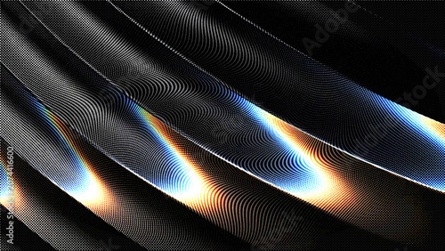 Abstract digital background with flowing particles and wave patterns in blue and orange gradient colors, futuristic data visualization concept
