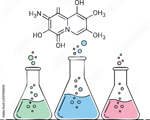 Modern Chemistry Laboratory Experiment With Bubbling Beakers and Structural Molecule Diagrams in Minimalist Line Style