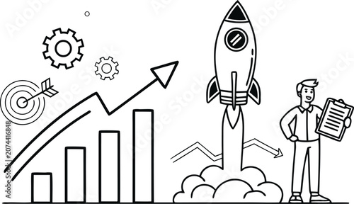 Photos Rocket launch with growth chart and business elements black and white silhouette