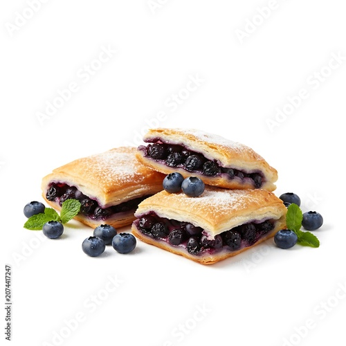 Assorted puff pastries with berry filling served with hot tea. Traditional sweet breakfast concept featuring homemade baked goods and fresh ingredients.