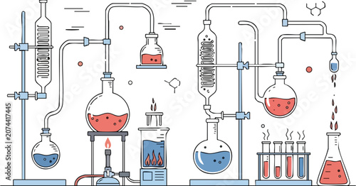 Modern Minimalist Chemistry Icons With Erlenmeyer Flasks Connected by Glass Tubing and Heat Sources in Professional Clean Line Style