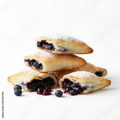 Assorted puff pastries with berry filling served with hot tea. Traditional sweet breakfast concept featuring homemade baked goods and fresh ingredients.