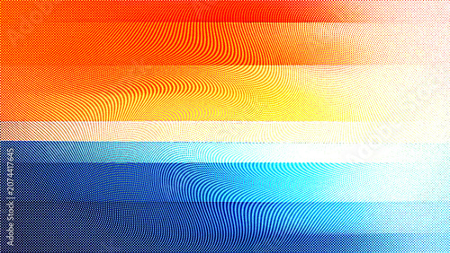 Abstract background with a vibrant gradient of warm orange and yellow transitioning to cool blue and cyan, featuring a textured halftone dot pattern effect