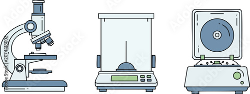 Modern Minimalist Icon Set Featuring Precision Microscope Digital Scale and Centrifuge for Advanced Clinical Research Laboratory Environment