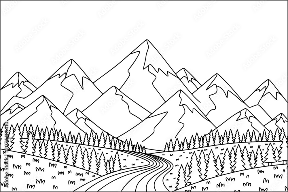 Fototapeta premium Mountain Landscape Coloring Page with Forest and Winding Road Outline Illustration