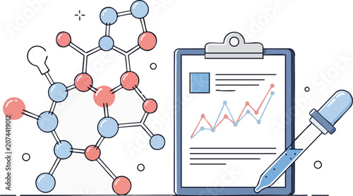Professional Biotechnology Research Icons Featuring Molecular Structure Laboratory Pipette and Data Clipboard Over Clean White Background