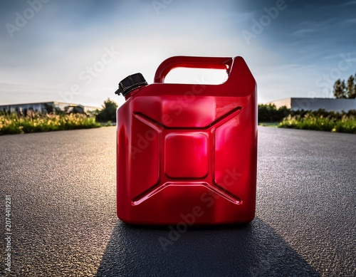 red jerrycan container for fuel gasoline and petrol liquid storage and transport