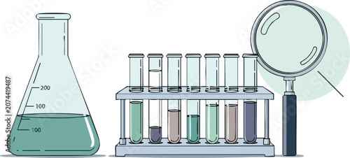 Professional Editorial Style Minimalist Lab Glassware Set Featuring Conical Flasks Test Tubes and Magnifying Glass