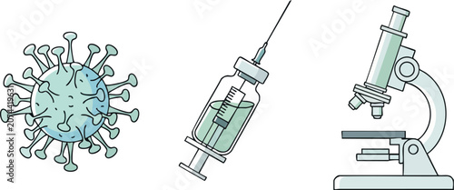 Professional Healthcare Icons Displaying Stylized Virus Molecule Vaccine Vial With Syringe and Precision Laboratory Microscope for Clinical Research Studies