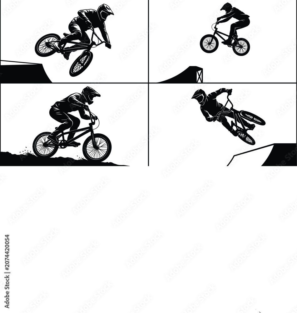 Obraz premium BMX rider silhouettes performing extreme stunts jumps and tricks on outdoor ramps vector illustration set
