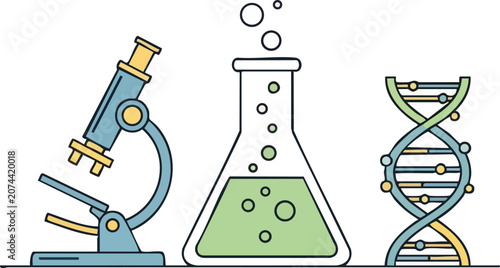 Professional Laboratory Research Icons Showing Microscope Bubbling Chemical Beaker and DNA Helix on Clean White Minimalist Background